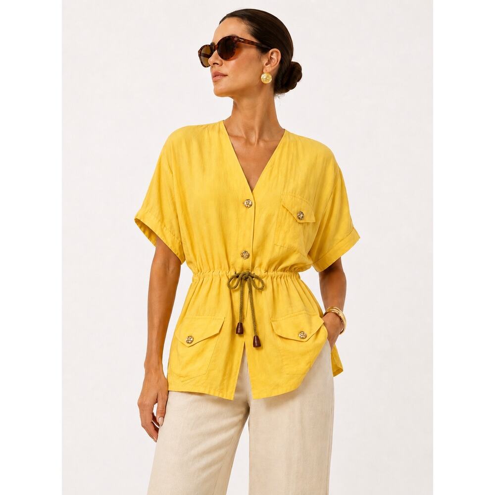 Vintage Yellow Safari Utility Blouse Cinched Waist Resort Top Old Money Italy